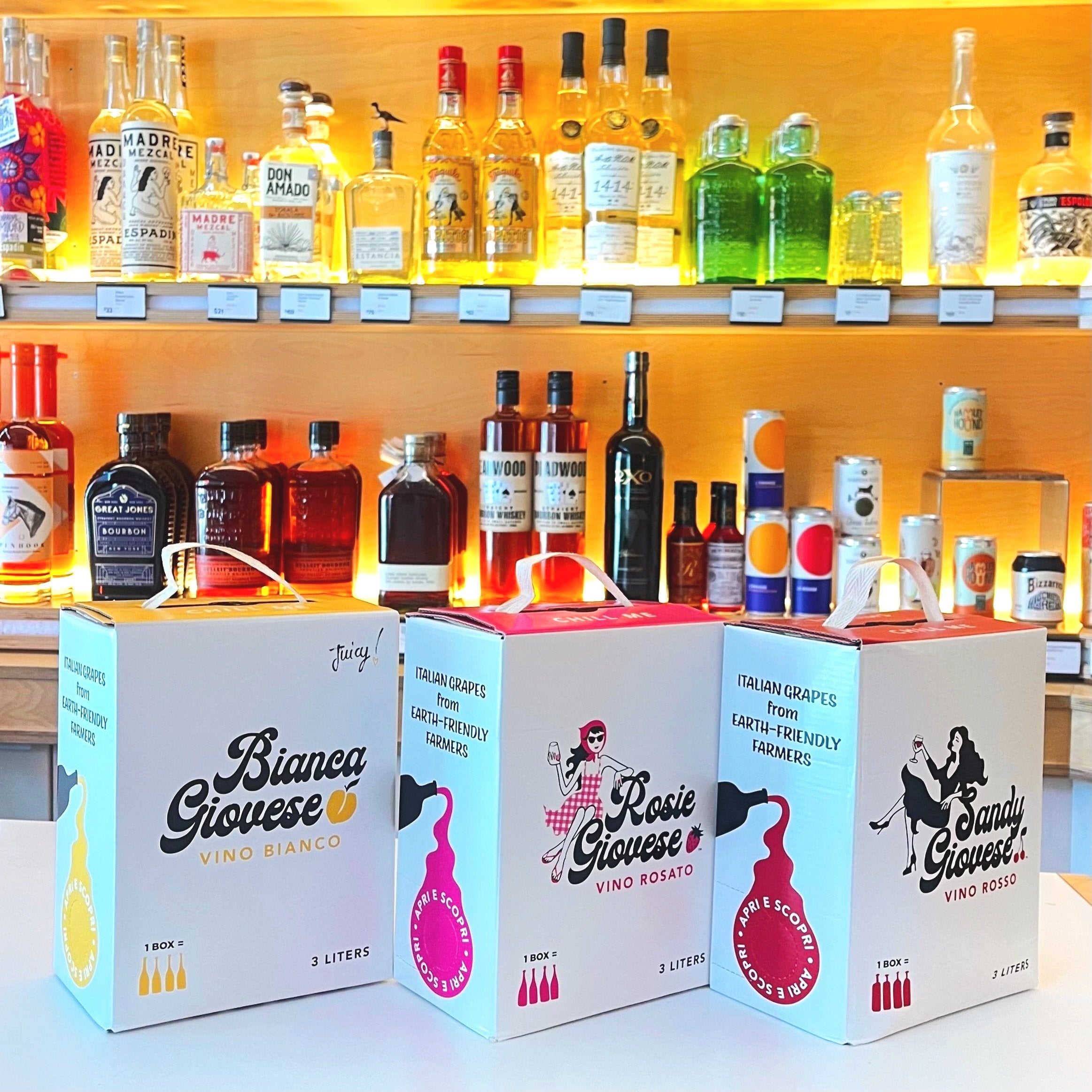 Giovese boxed wine at a bar